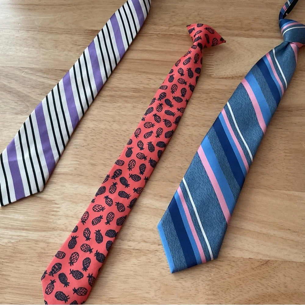 Lot x3 Boys Neck Tie Youth Clip On Striped Pineapple Print Purple Blue Pink M/L